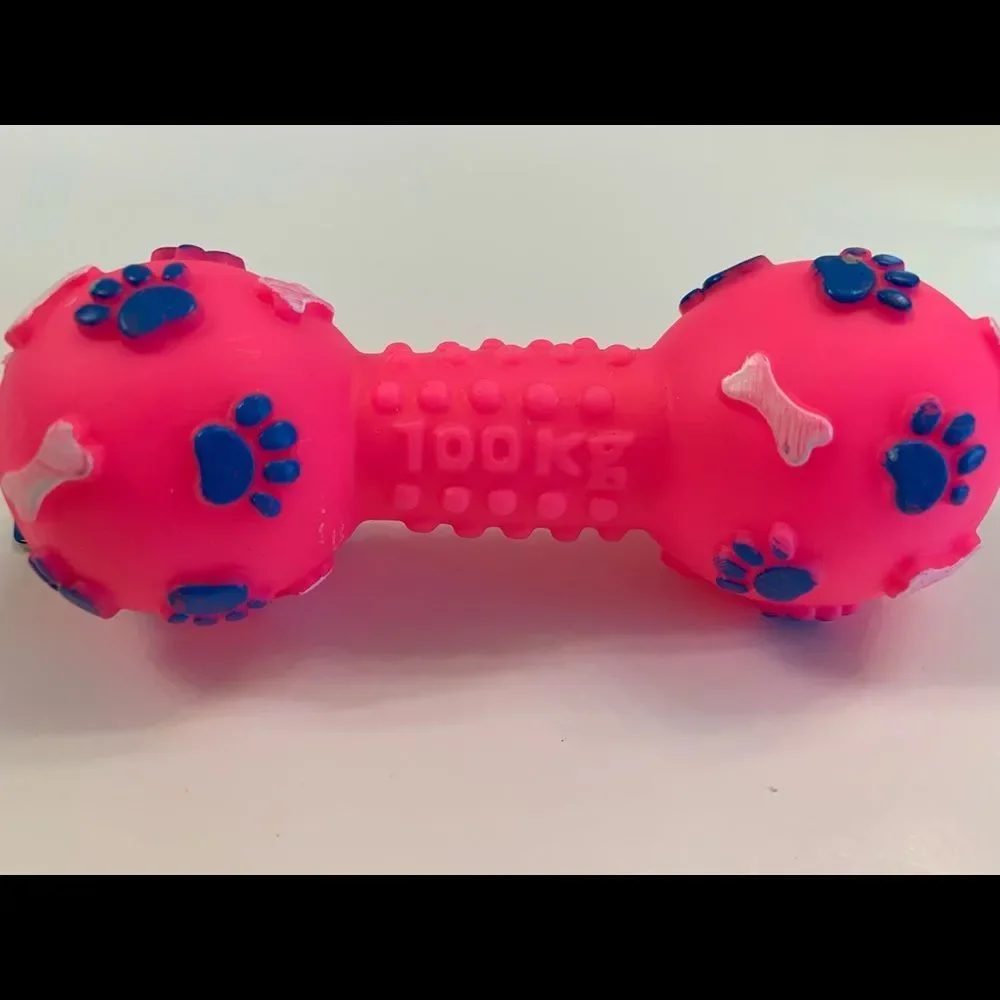 Pet- Squeaky Toy- Dumbbell W/ Paw Prints - Various Colors